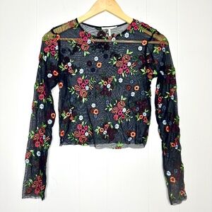 Y2K Urban Outfitters Black Mesh Crop Top with Embroidery, Women’s size M